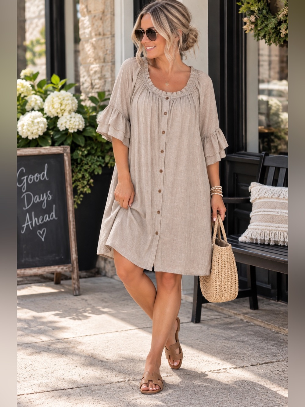 NWT Maurices Beige Button Front Ruffle Sleeve Dress XL